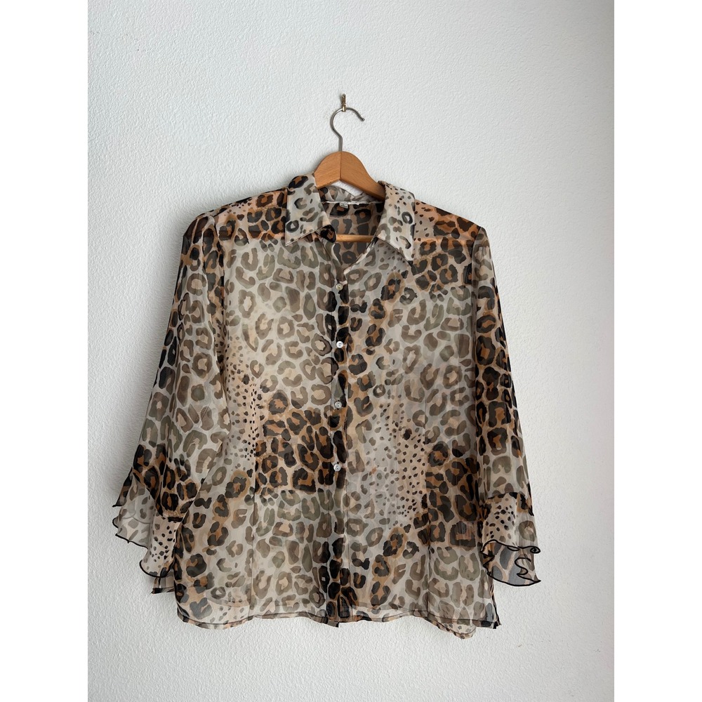 Vintage Sheer Leopard Print Blouse Ruffle Sleeve Button Down Top Animal‎ Print
